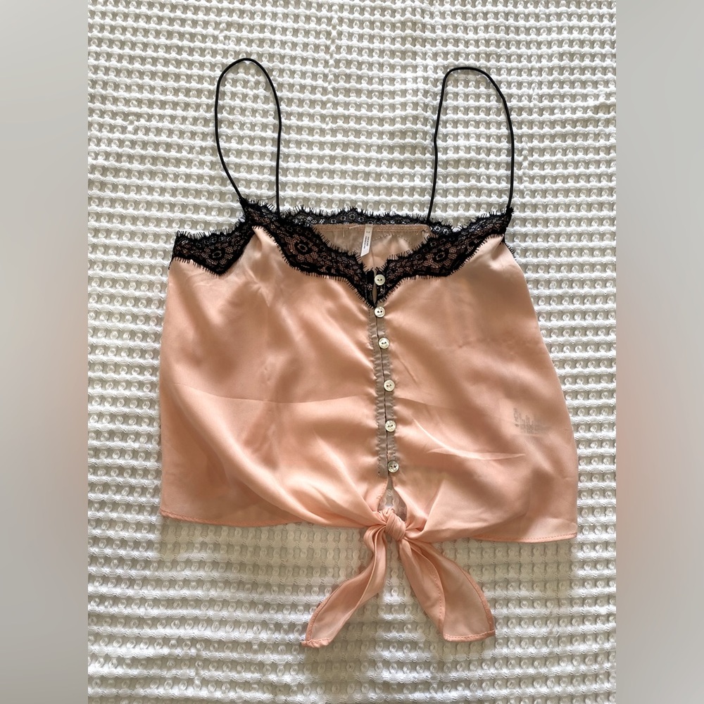 UO Baby Pink Black Lace Trim Crop Tank